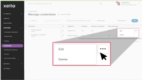 Educator account in Xello. Manage credentials page is open. A credential has been scrolled to the far right where there's a three-dot menu open with the option to Edit or Delete